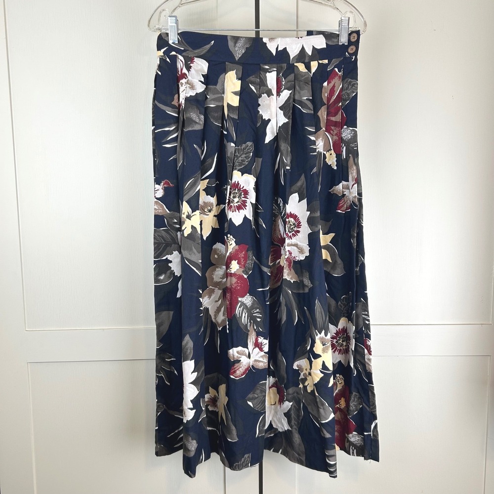 Vintage Rena Rowan Saville Skirt 12 Rayon Navy Floral Pleated Midi Cottagecore